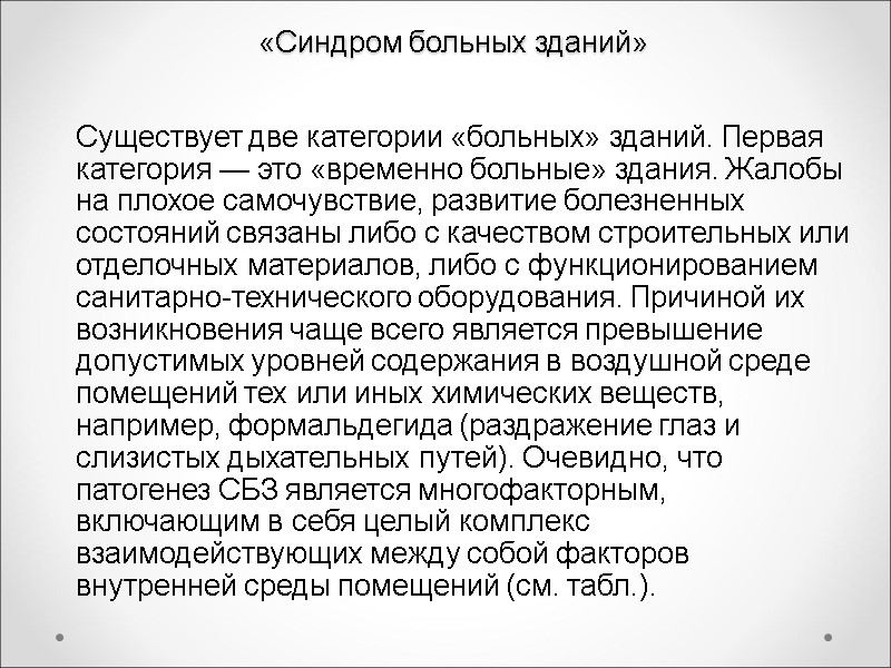 «Синдром больных зданий» Существует две категории «больных» зданий. Первая катего­рия — это «временно больные»